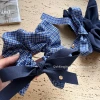 New high-intelligence style ~ Blue retro checkered square scarf large intestine hair tie, fashionable denim webbing bow hair tie details Picture